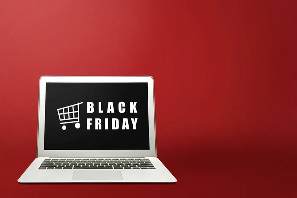 Black Friday Werbung Auf Dem Laptop Bildschirm Mit Farbigem Hintergrund — Stockfoto