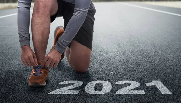 Corredor Prepara Para Correr Línea 2021 Feliz Año Nuevo 2021 — Foto de Stock