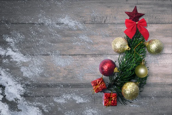 Décorations Noël Avec Des Ornements Colorés Sur Fond Table Bois — Photo