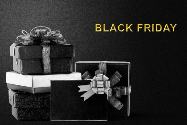 Stack Colorful Gift Box Black Ribbon Black Background Black Friday — Stock Photo, Image