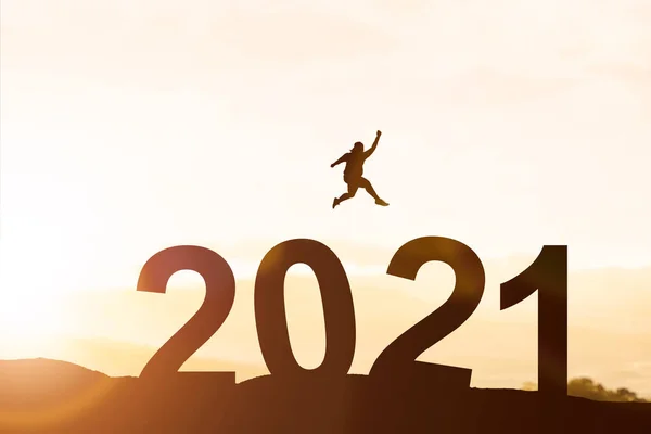 Silhouette Fat Man Jumping 2021 Sunset Sky Background Happy New — Fotografia de Stock