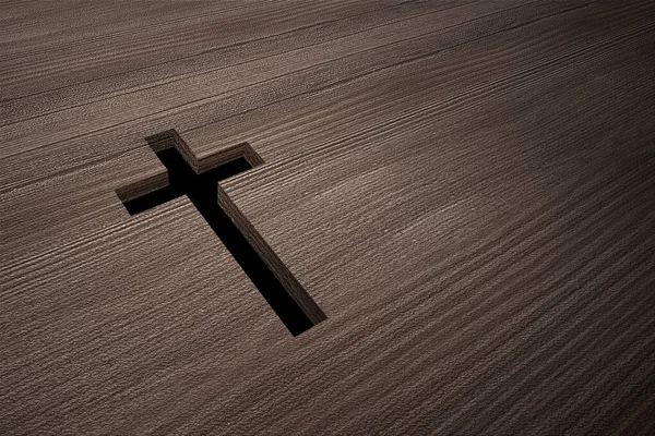 Деревина Підлога Християнським Хрестом Чорним Фоном — стокове фото