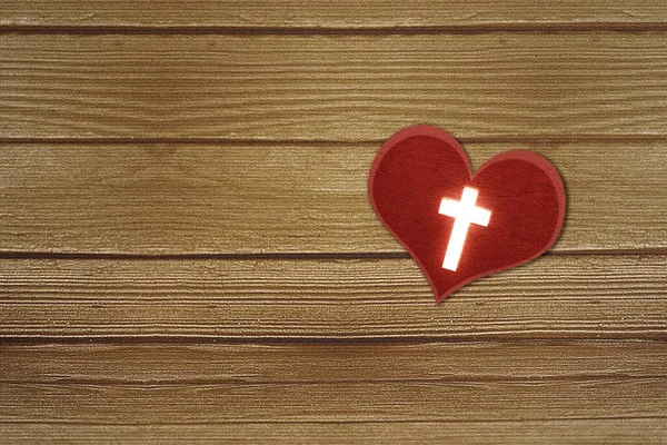 Red Heart Christian Cross Wooden Background — Fotografia de Stock