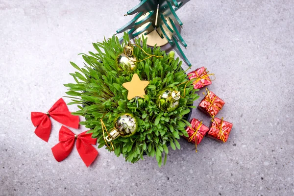 Close Uitzicht Van Gierst Gras Plant Met Kerst Ornament Pot — Stockfoto