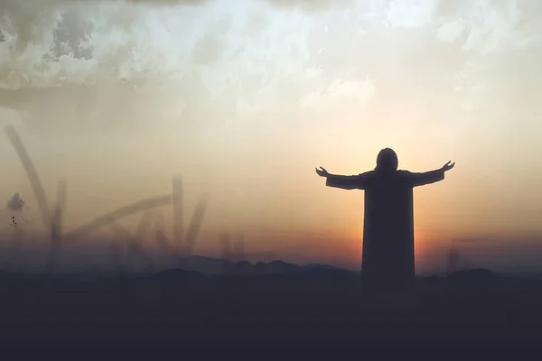 Rear View Silhouette Jesus Christ Raised Hands Praying God Sunset — Stock Photo, Image