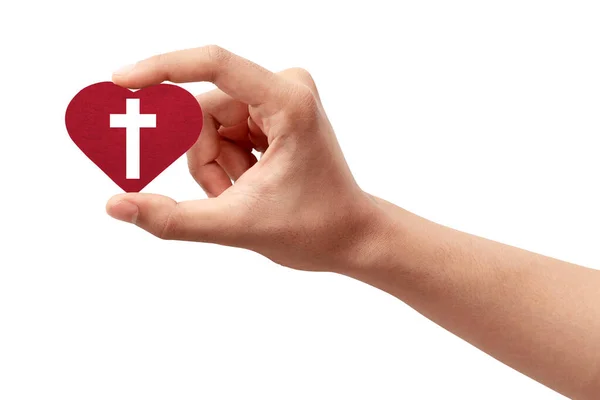 Menselijke Hand Met Een Rood Hart Met Een Christelijk Kruis — Stockfoto