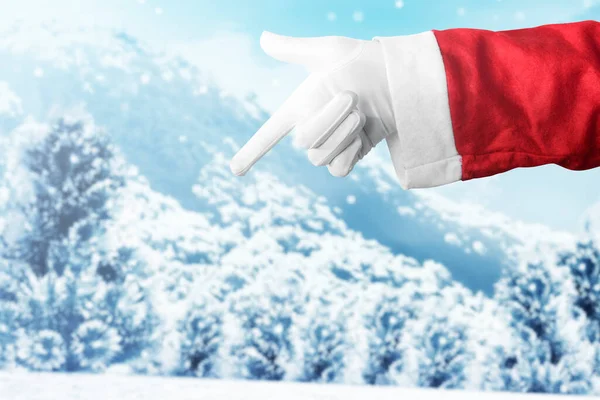 Papai Noel Mão Apontando Algo Com Fundo Neve Espaço Vazio — Fotografia de Stock