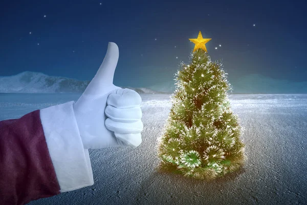 Święty Mikołaj Ręka Pokazując Kciuki Góry Gest Choinki Tle Sceny — Zdjęcie stockowe