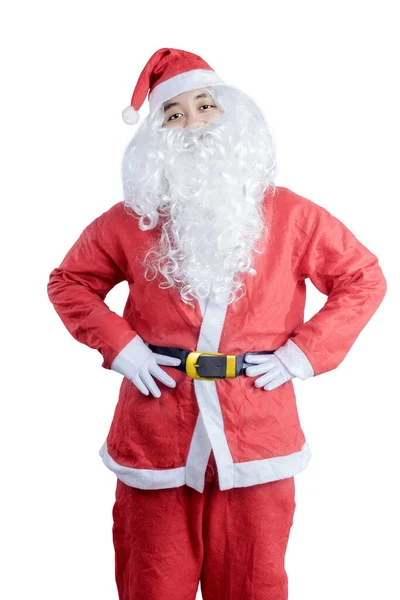 Aziatische Man Santa Kostuum Staan Geïsoleerd Witte Achtergrond — Stockfoto