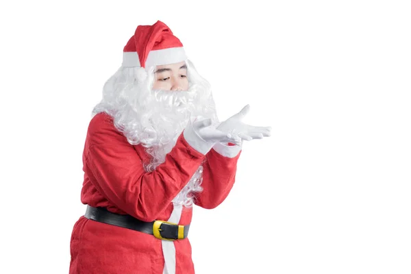 Asiatische Mann Weihnachtsmannkostüm Pusten Etwas Auf Seiner Hand Isoliert Über — Stockfoto