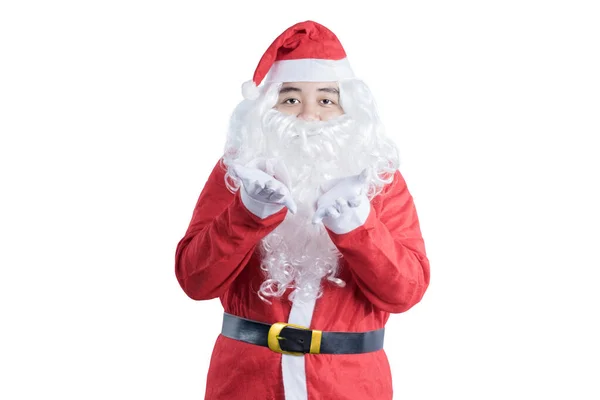 Aziatisch Man Santa Kostuum Blazen Iets Zijn Hand Geïsoleerd Witte — Stockfoto