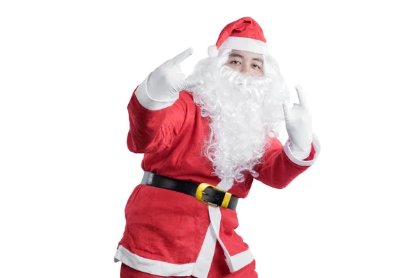 Asiatischer Mann Weihnachtsmannkostüm Mit Handbewegung Der Isoliert Vor Weißem Hintergrund — Stockfoto