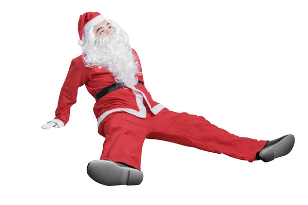 Aziatische Man Santa Kostuum Zitten Geïsoleerd Witte Achtergrond — Stockfoto