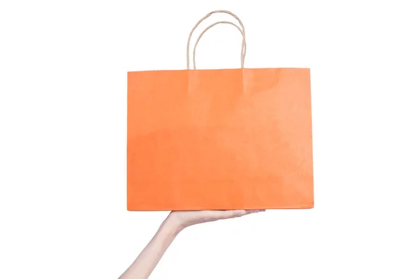 Mano Sosteniendo Bolsa Compras Color Aislado Sobre Fondo Blanco — Foto de Stock