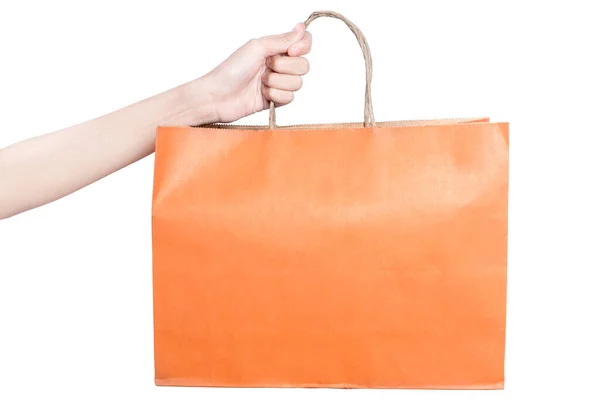 Mano Sosteniendo Bolsa Compras Color Aislado Sobre Fondo Blanco — Foto de Stock