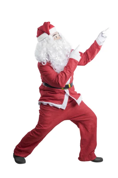 Aziatische Man Santa Kostuum Wijst Iets Geïsoleerd Een Witte Achtergrond — Stockfoto