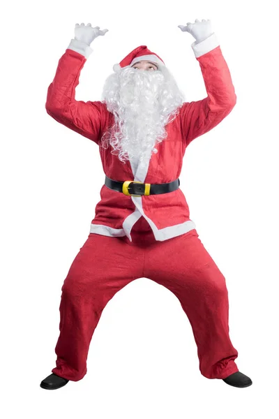 Aziatische Man Santa Kostuum Bang Met Iets Geïsoleerd Witte Achtergrond — Stockfoto