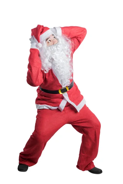 Aziatische Man Santa Kostuum Bang Met Iets Geïsoleerd Witte Achtergrond — Stockfoto