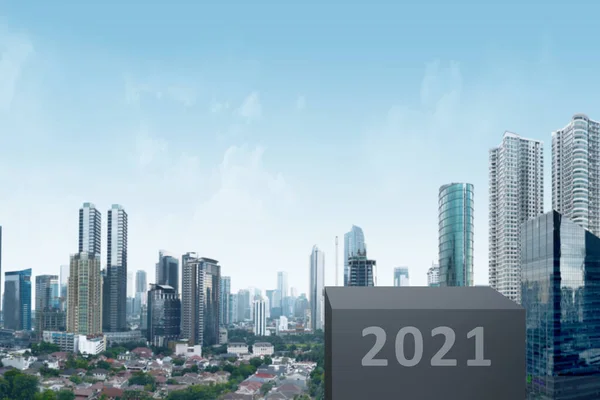 2021 Scala Con Sfondo Paesaggio Urbano Felice Anno Nuovo 2021 — Foto Stock