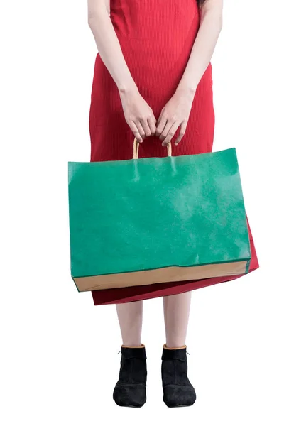 Mulher Carregando Sacos Compras Isolados Sobre Fundo Branco — Fotografia de Stock