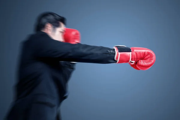 Asian Businessman Red Boxing Gloves Fighting Colored Background — Stock Photo, Image