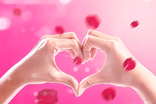 Portrait Human Hands Making Shape Heart Pink Background Valentines Day — Stock Photo, Image