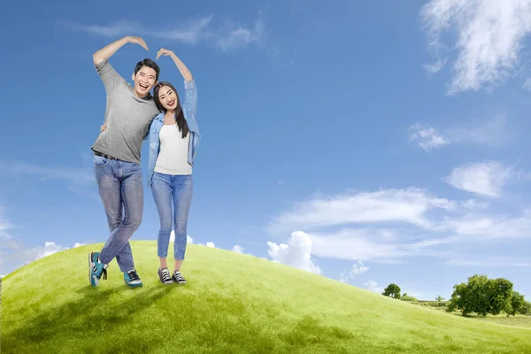 Asian Couples Making Shape Heart Hands Blue Sky Background Valentines — Stock Photo, Image