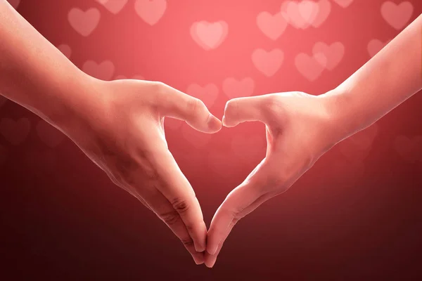 Portrait Human Hands Making Shape Heart Red Background Valentines Day — Stock Photo, Image