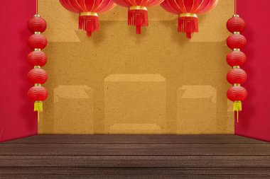 Kırmızı ve desenli arka planda asılı Çin fenerleri