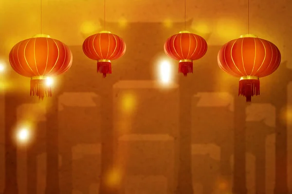 Linternas Chinas Colgando Con Fondo Pared Estampado — Foto de Stock
