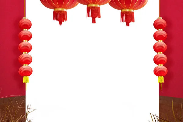 Chinese lanterns hanging with red wall isolated over white background