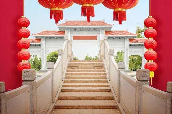 Chinees Paviljoen Poort Met Rood Dak Boog Brug Met Opknoping — Stockfoto