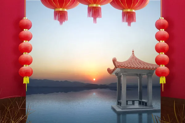 Chinese Gazebo Building Lake Hanging Lantern — Stock Photo, Image