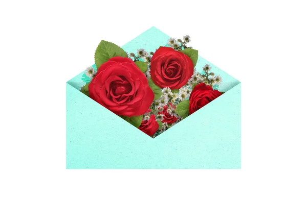 Enveloppe Bleue Ouverte Avec Fleur Rose Rouge Isolée Sur Fond — Photo