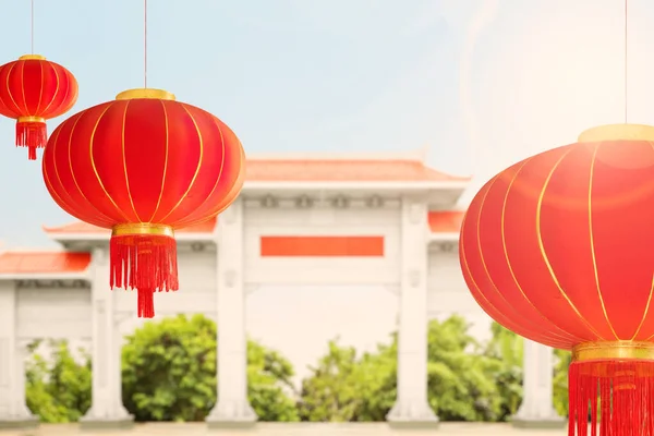 Chinees Paviljoen Poort Met Rood Dak Met Opknoping Een Rode — Stockfoto