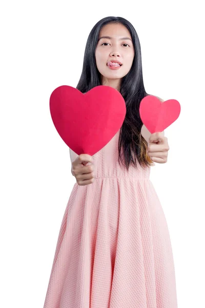 Aziatische Vrouw Met Rode Harten Geïsoleerd Witte Achtergrond — Stockfoto