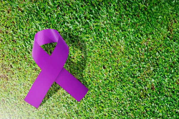 緑の草の背景に紫色のリボン 世界がんの日のコンセプト — ストック写真