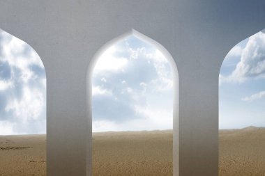 Çöl manzaralı ve mavi gökyüzü arkaplanlı bir cami penceresi