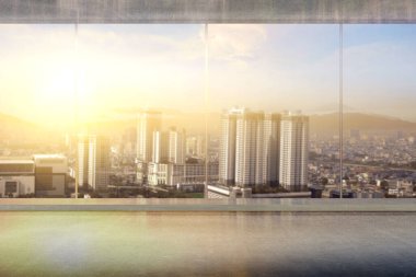 Pencere camlı, modern şehir manzaralı ve mavi gökyüzü arka planlı ofis binası