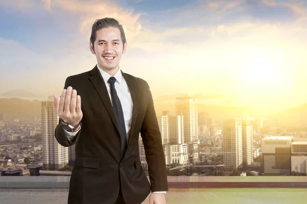 Asian Businessman Hand Gesture Rooftop Skyscrapers Background — Stock Photo, Image