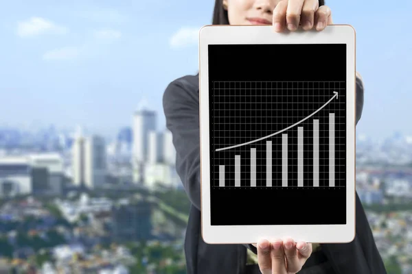 Asian Businesswoman Showing Increased Business Finance Graph Tablet Screen — Stock Photo, Image