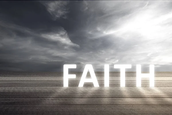 Faith Text Wooden Table Dramatic Sky Background — Stock Photo, Image