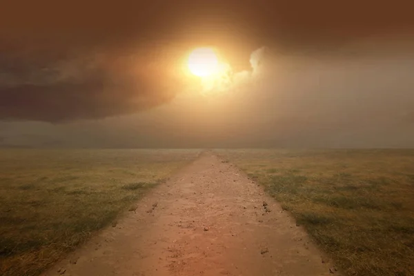 Dirty Road Green Grass Sunrise Sky Background — Stock Photo, Image