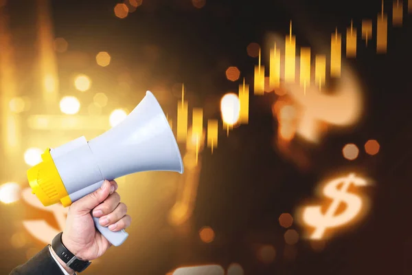 Businessman Hand Megaphone Virtual Business Financial Graph Digital Background — 스톡 사진