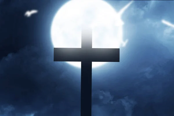 Christliches Kreuz Mit Dem Hintergrund Der Nachtszene — Stockfoto