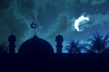 Gece manzaralı caminin silueti.