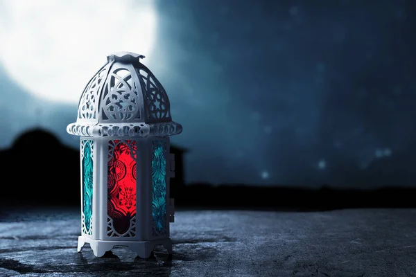 Arabische Lamp Met Kleurrijk Licht Vloer Met Nacht Scene Achtergrond — Stockfoto