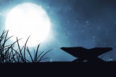 Kuran 'ın silueti, gece sahnesinin arka planında, ahşap bir mindere açılır.
