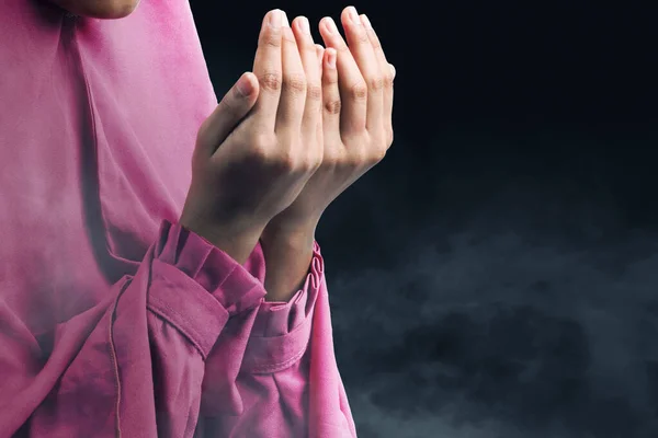 Muslim Woman Veil Standing While Raised Hands Praying Dark Background —  Fotos de Stock