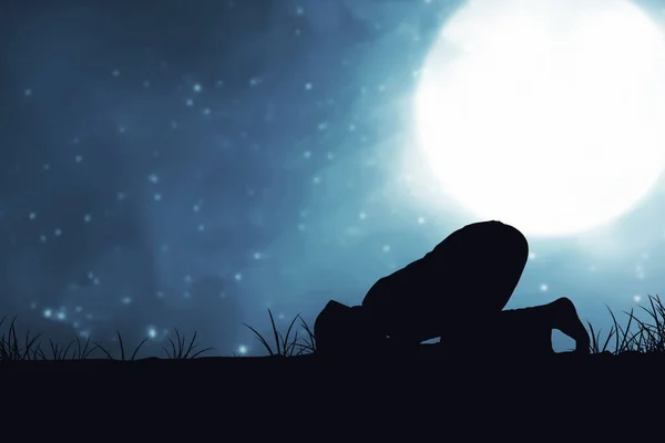 Silhouette of Muslim man in praying position (salat) with the night scene background